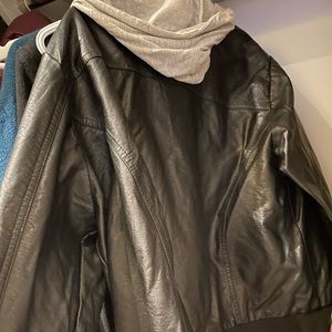 Torrid Size 3 Black faux leather jacket with grey hoodie hood
